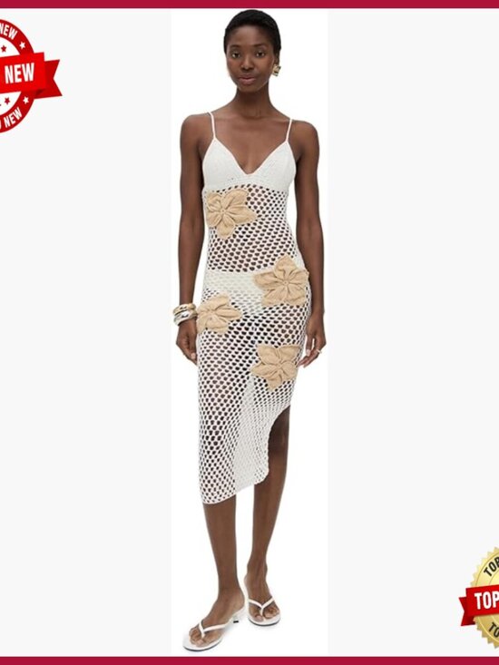 Dresses & Skirts - Maxi Dress with Crochet Flower Applique, V-Neck, Sleeveless, Pull On